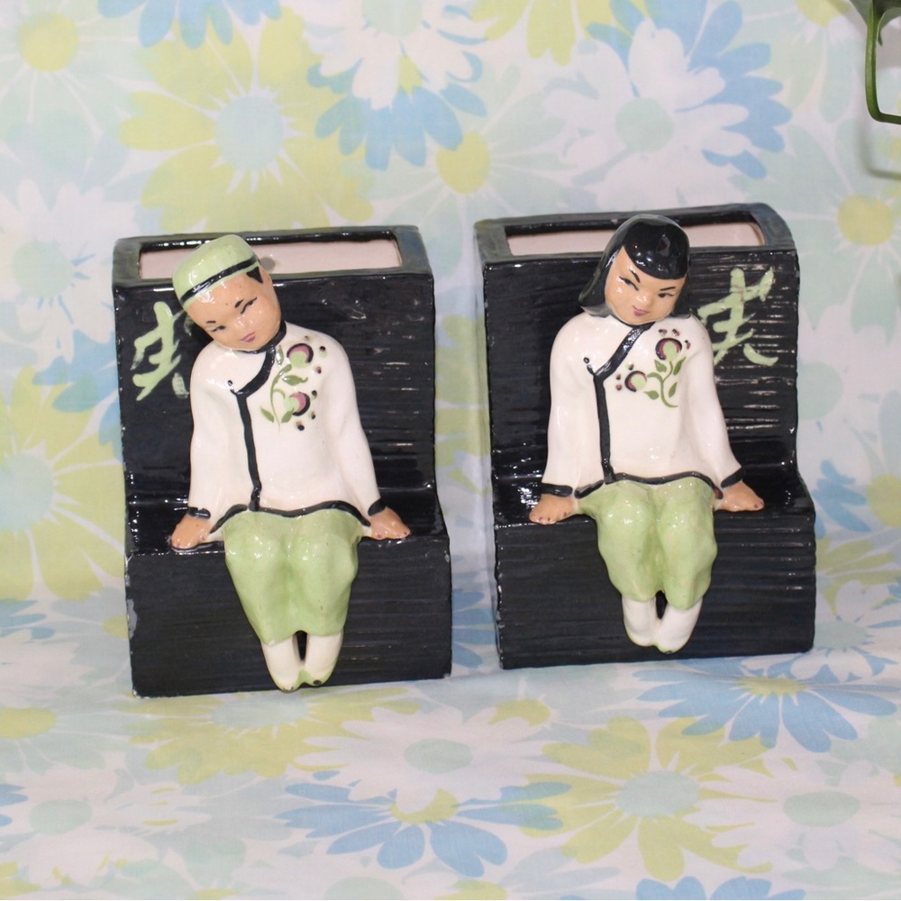Black green Amy Leslie Hollywood ceramic hanging planters with Asian figurines